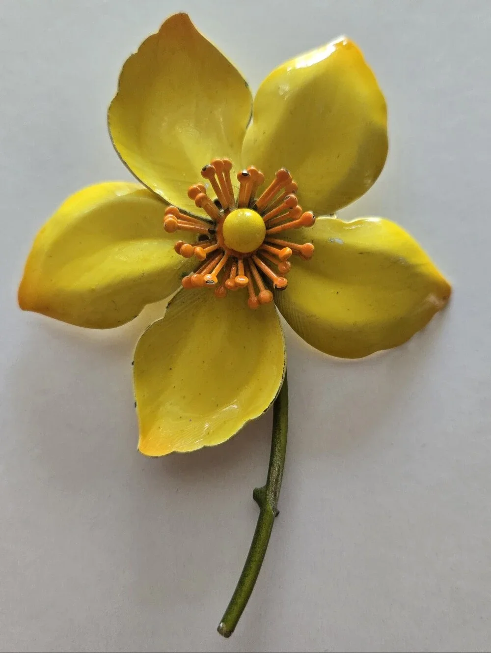 Vintage Mid Century Metal Enamel Flower Brooch w/ Stem Yellow & Orange